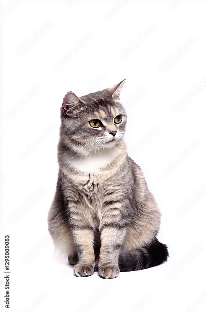 Obraz premium Sleek Silver Tabby Cat Sitting Gracefully on White Background with Intense Gaze
