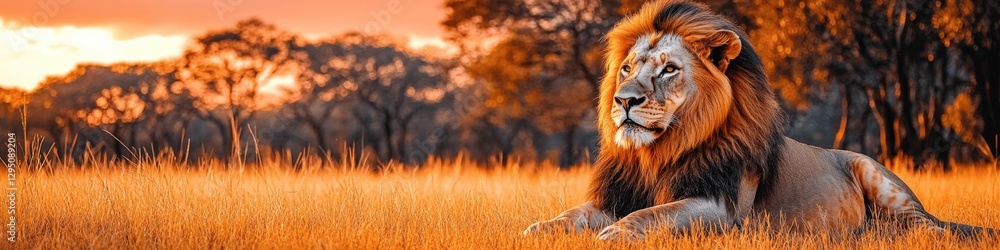 Majestic Lion at Sunset in African Savanna: Iconic Wildlife Scene with Golden Sky, Vibrant Grass, and Dense Forest in Captivating Nature Photography Majestic Lion at Sunset in African Savanna: Iconic Wildlife Scene with Golden Sky, Vibrant Grass, and Dense Forest in Captivating Nature Photography