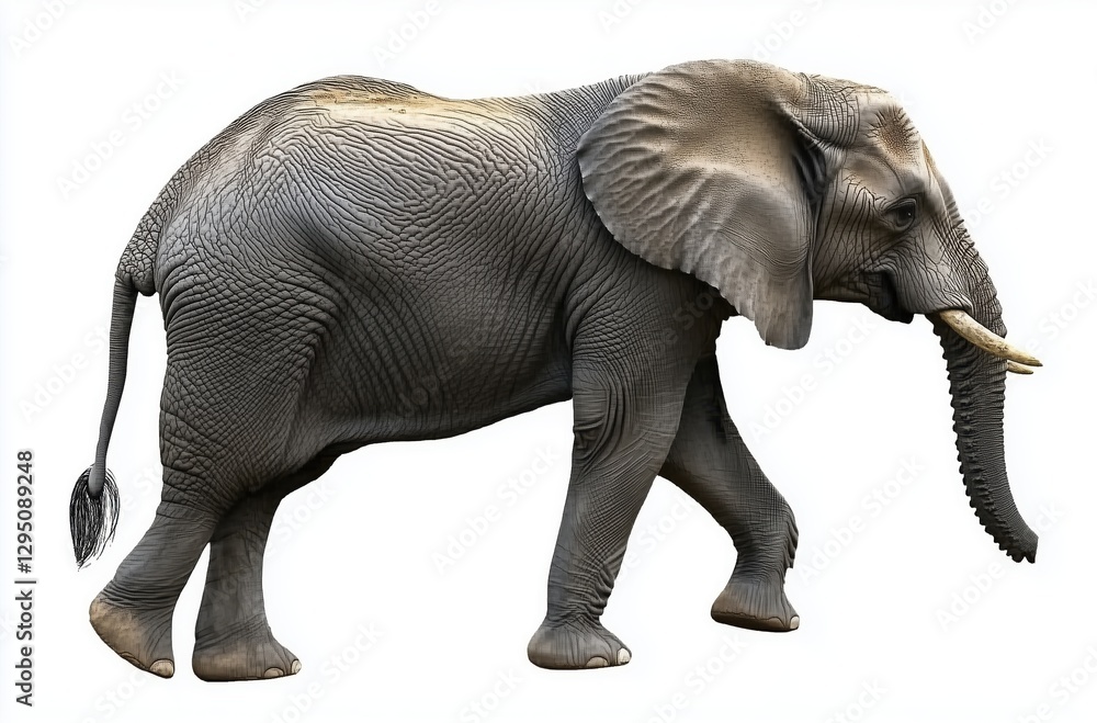 Fototapeta premium Majestic Elephant Walking Gracefully Across a White Background with Intricate Textures 