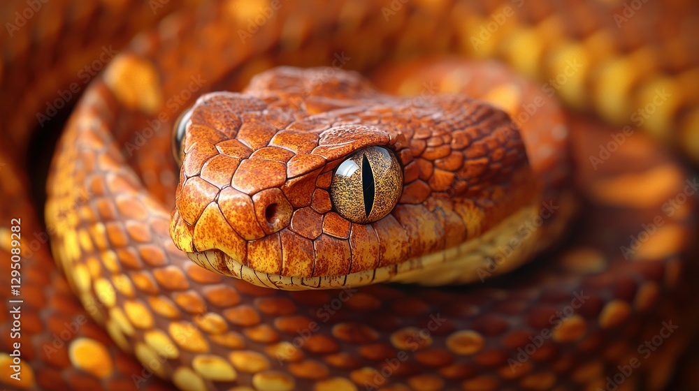 Close-up of a coiled venomous snake, detailed scales, and eye Close-up of a coiled venomous snake, detailed scales, and eye