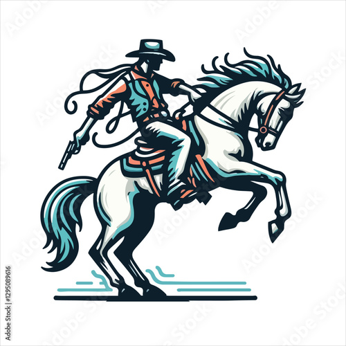 A cowboy on a rearing horse, swinging a lasso