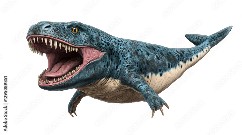 A prehistoric marine reptile roars against a white background. A prehistoric marine reptile roars against a white background.