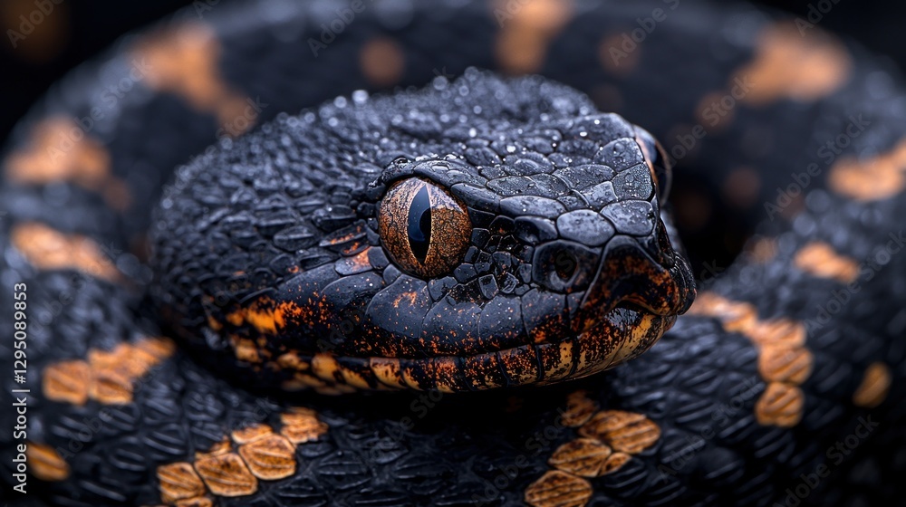 Close-up of a coiled viper head, dark background, nature Close-up of a coiled viper head, dark background, nature