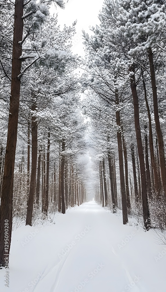 Fototapeta premium Snowy winter forest path lined with tall pine trees