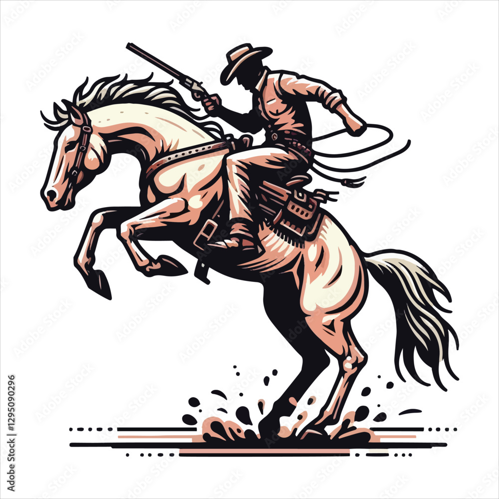 Fototapeta premium A cowboy on a rearing horse, swinging a lasso