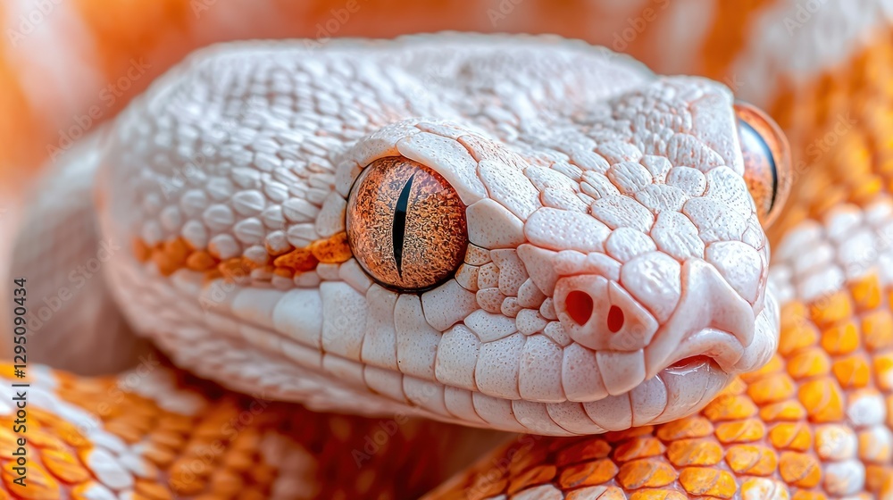 Obraz premium Close-up of a pale orange and white snake's head, coiled, in a soft focus background