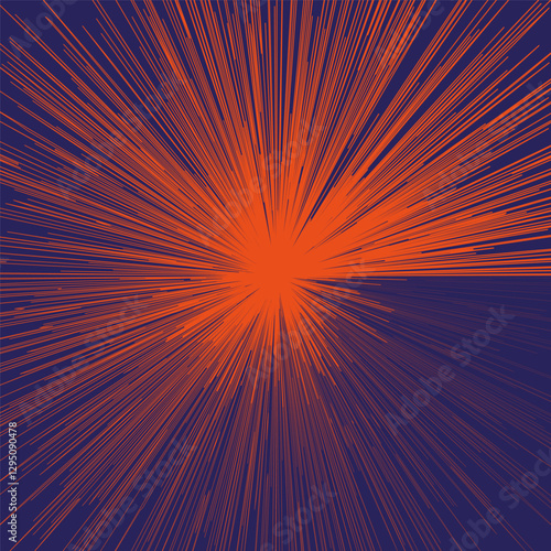 Exploding energy burst. Radiating orange lines. Dark blue background. Dynamic speed effect.