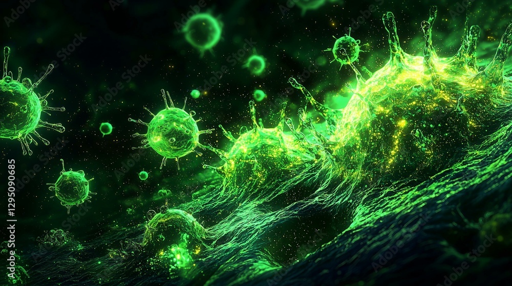 Microscopic View of Viruses and Bacteria in a Dark Environment with Green Luminescence Microscopic View of Viruses and Bacteria in a Dark Environment with Green Luminescence