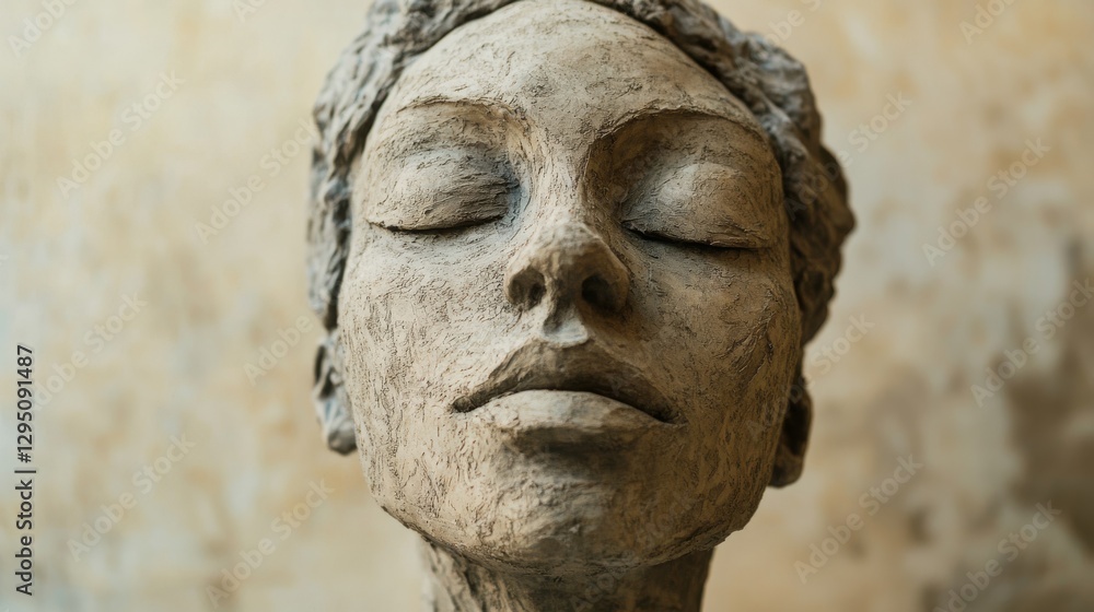 Close-up of a serene clay sculpture of a woman's face with closed eyes against a textured background Close-up of a serene clay sculpture of a woman's face with closed eyes against a textured background