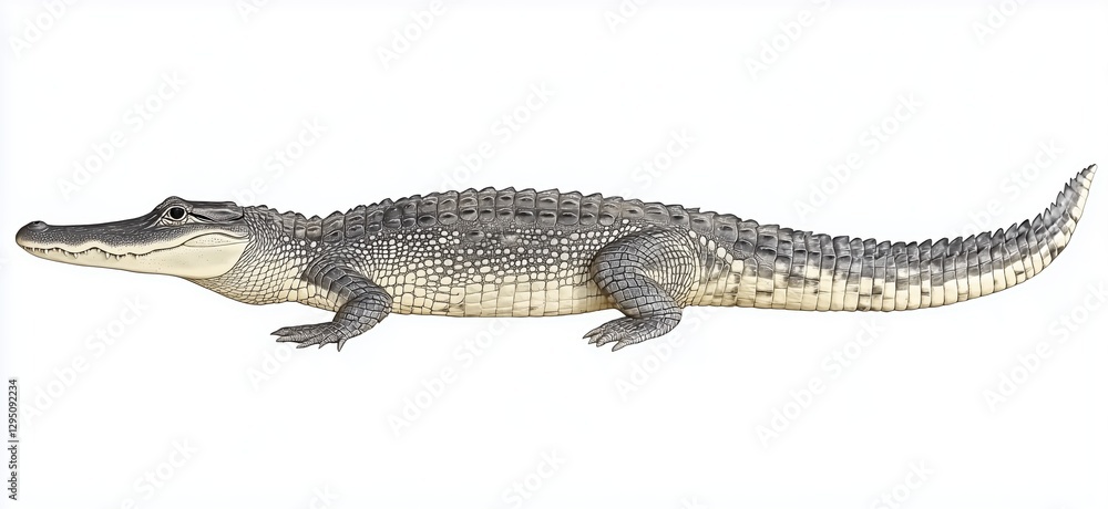 Fototapeta premium Realistic Crocodile Lying on White Background Showcasing Detailed Textures and Natural Beauty