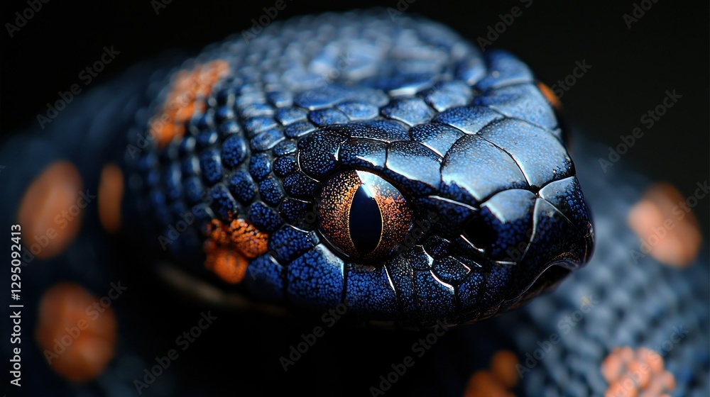 Fototapeta premium Close-up of a vibrant blue and orange snake's head on a dark background