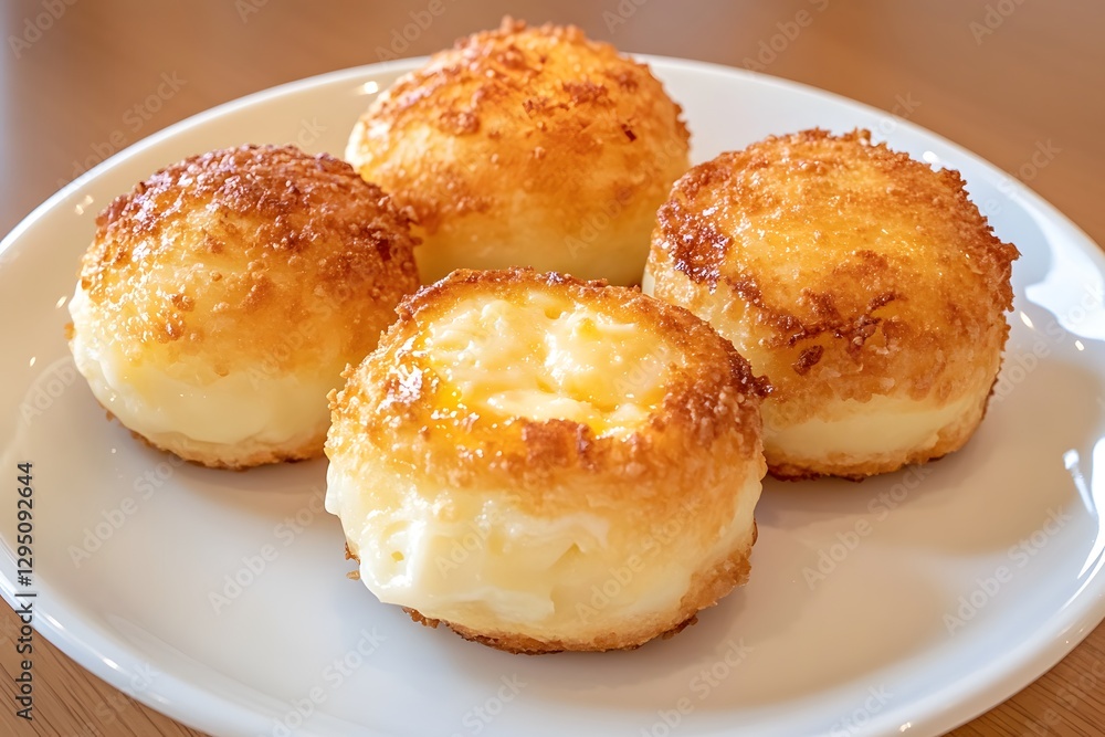 Golden Brown Custard Cream Puffs on Plate Delicious Pastry Dessert Golden Brown Custard Cream Puffs on Plate Delicious Pastry Dessert