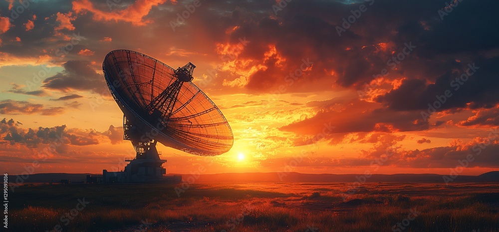 Dramatic sunset behind a large satellite dish on the open landscape Dramatic sunset behind a large satellite dish on the open landscape