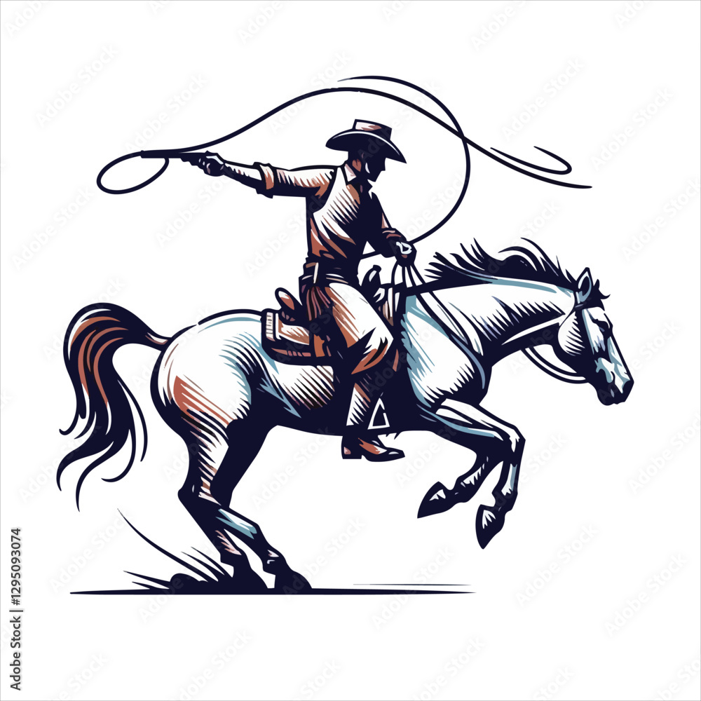 Obraz premium A cowboy on a rearing horse, swinging a lasso
