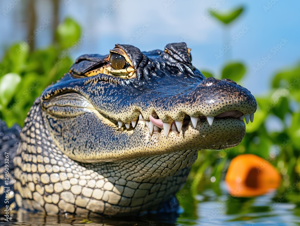 Obraz premium Close-Up of a Alligator's Head Emerging from Water Surrounded by Green Plants Under Bright Blue Sky in Natural Habitat