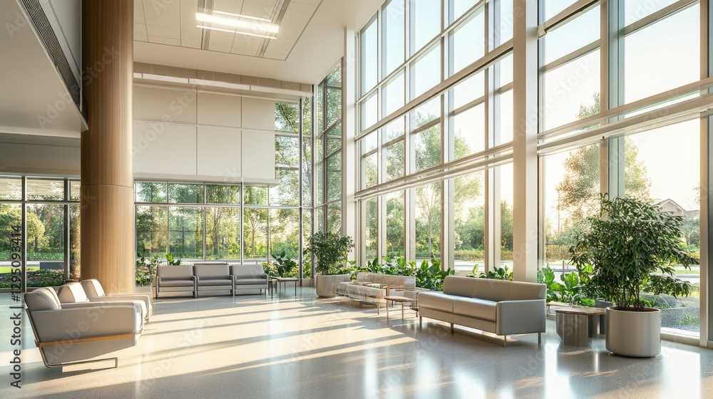 Sunlit Modern Lobby with Grey Sofas and Floor-to-Ceiling Windows Sunlit Modern Lobby with Grey Sofas and Floor-to-Ceiling Windows