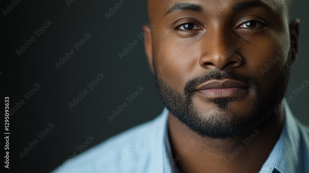 Close-up portrait of a man with a confident expression against a dark background, showcasing calmness Close-up portrait of a man with a confident expression against a dark background, showcasing calmness