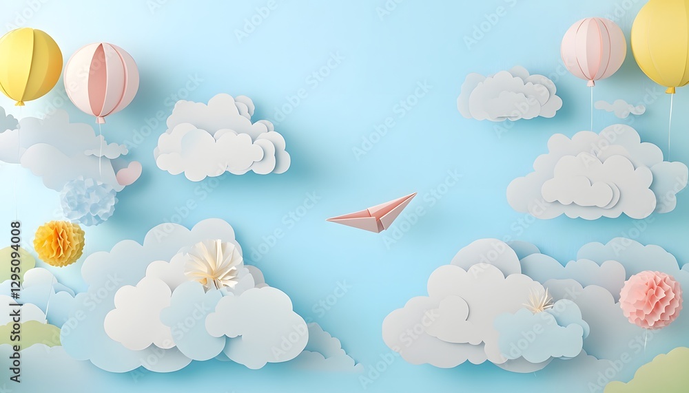 Obraz premium Paper airplane soars through a whimsical sky with balloons