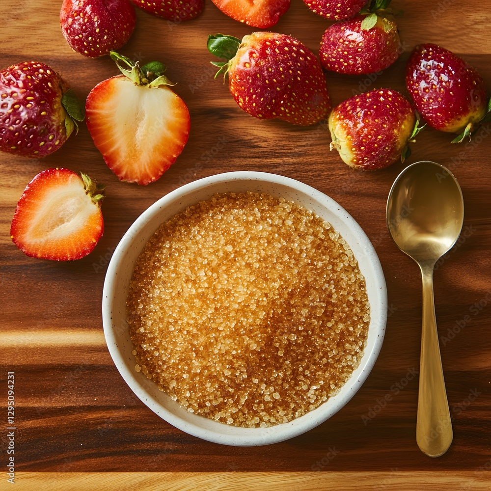 Sweet Brown Sugar and Fresh Strawberries, Delicious Baking Ingredients Sweet Brown Sugar and Fresh Strawberries, Delicious Baking Ingredients