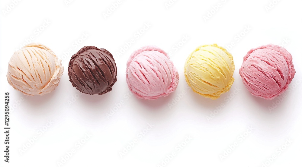 Five Colorful Ice Cream Scoops in a Row on White Background Five Colorful Ice Cream Scoops in a Row on White Background
