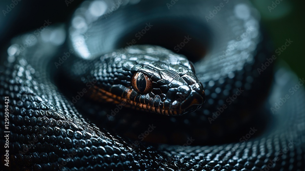 Fototapeta premium Close-up of coiled black snake in the dark