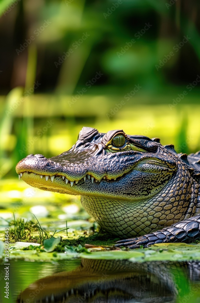 Fototapeta premium Close-Up of a Crocodile Relaxing on the Shore Amidst Lush Greenery and Water Reflections in a Serene Natural Habitat Setting