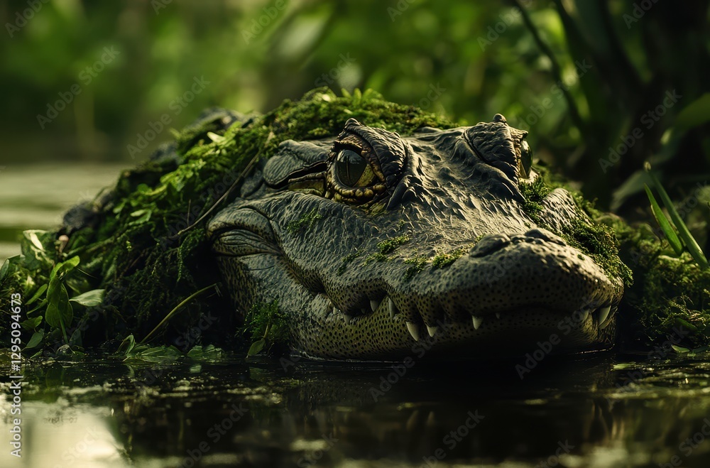 Fototapeta premium Close-up of a crocodile resting in a serene wetland, surrounded by lush greenery and tranquil water, showcasing its textured skin and captivating eyes