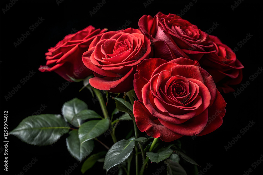 Naklejka premium high quality realistic rose bouquet isolated on black background Dark background, vibrant red roses, dramatic lighting, high contrast, botanical photography, lush petals,