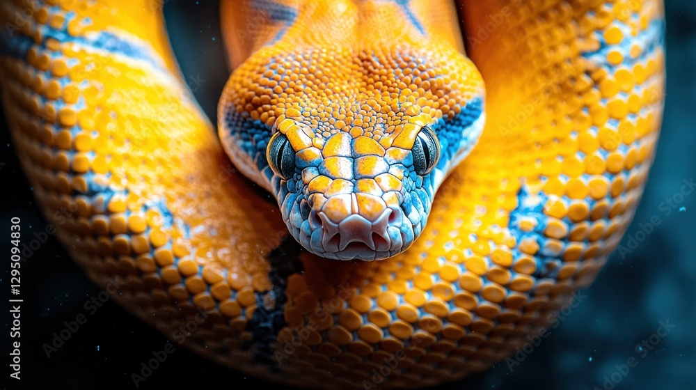 Fototapeta premium Close-up of coiled, orange and blue snake, dark background, bokeh effect