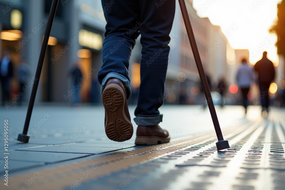 A Young Adult Male with a Walking Cane Walking Along a Busy Urban Street at Sunset, Capturing the Essence of Everyday Resilience and Daily Life Challenges A Young Adult Male with a Walking Cane Walking Along a Busy Urban Street at Sunset, Capturing the Essence of Everyday Resilience and Daily Life Challenges