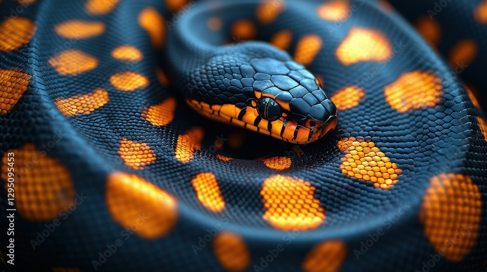Fototapeta premium Close-up of coiled snake with vibrant orange spots in a dark habitat