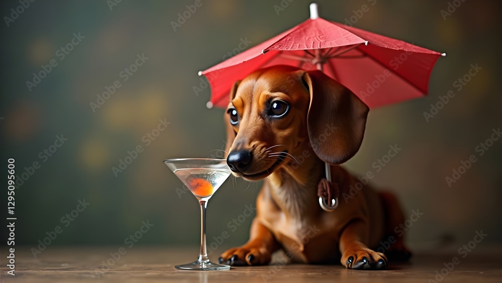 Dachshund Holding Martini Glass with Miniature Umbrella, Looking Tipsy