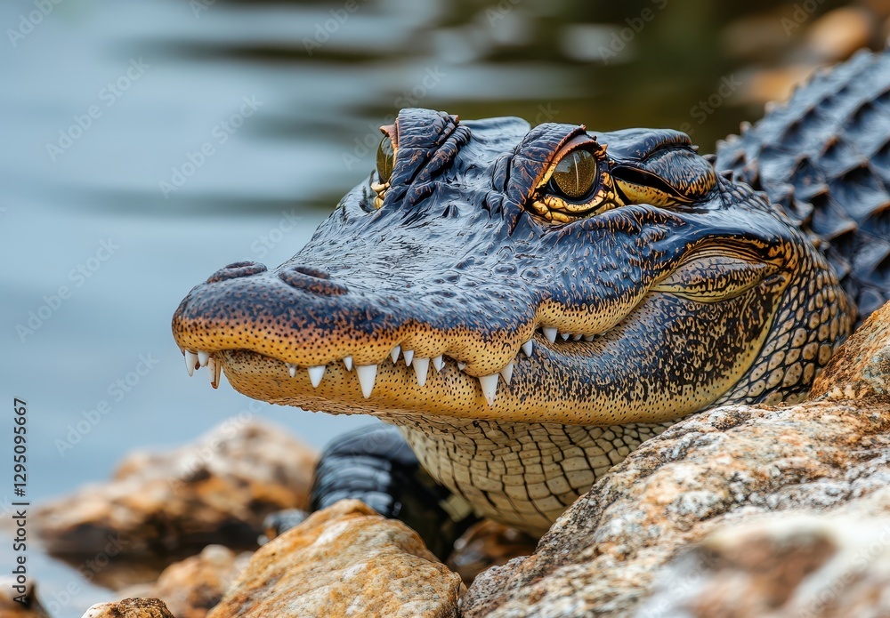 Fototapeta premium Close-Up of a Crocodilian Reptile with Intricate Scales and Sharp Teeth Near the Water's Edge in a Serene Natural Environment
