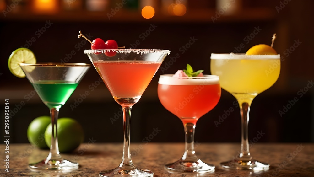 Luxurious Cocktail Lounge Setting with Elegantly Presented Martinis, Margaritas, and Daiquiris Luxurious Cocktail Lounge Setting with Elegantly Presented Martinis, Margaritas, and Daiquiris