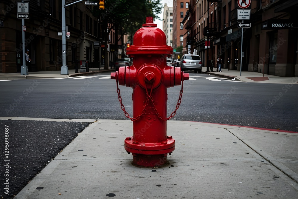 Urban Fire Hydrant On Gray Sidewalk With Overcast Background