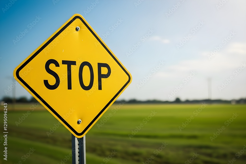 Yellow Diamond Stop Sign Against Green Field And Clear Sky Yellow Diamond Stop Sign Against Green Field And Clear Sky