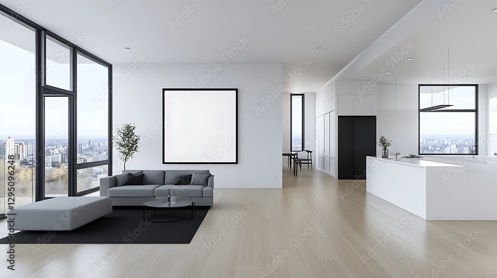Modern Minimalist Apartment Living Room: 3D Render of Open-Plan City View Design AI Generated Modern Minimalist Apartment Living Room: 3D Render of Open-Plan City View Design AI Generated