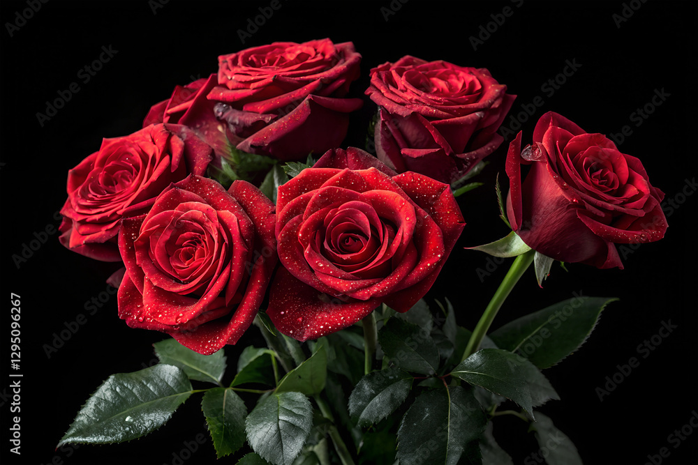 Obraz premium high quality realistic rose bouquet isolated on black background Dark background, vibrant red roses, dramatic lighting, high contrast, botanical photography, lush petals, 