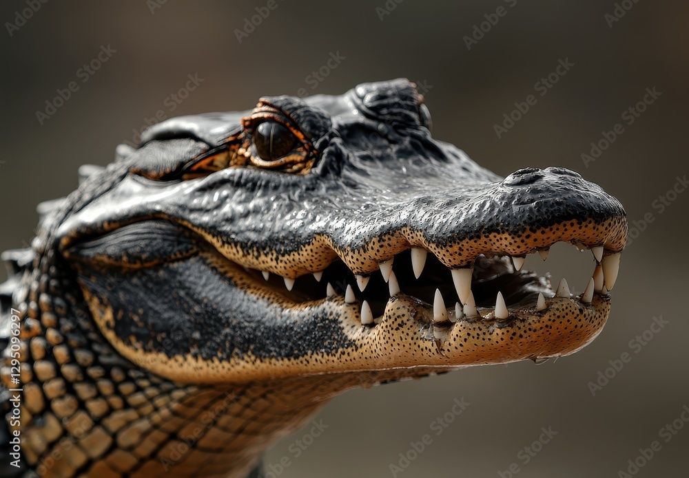 Fototapeta premium Close-Up of a Fierce Alligator Head With Sharp Teeth and Detailed Scales in Natural Habitat Showcasing Predatory Features and Intense Expression
