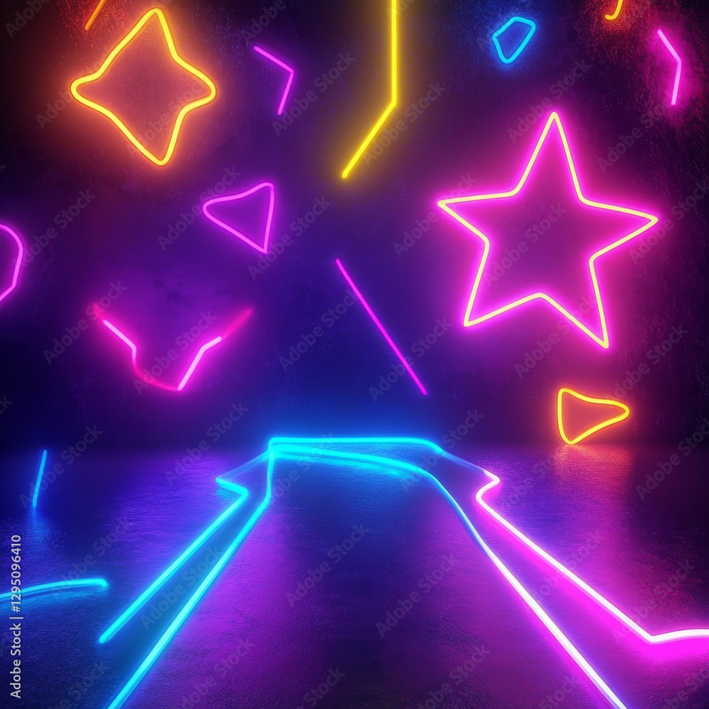 Vibrant neon lights in various shapes illuminate dark background, creating lively and energetic atmosphere. colorful display features stars, lines, and geometric forms Vibrant neon lights in various shapes illuminate dark background, creating lively and energetic atmosphere. colorful display features stars, lines, and geometric forms