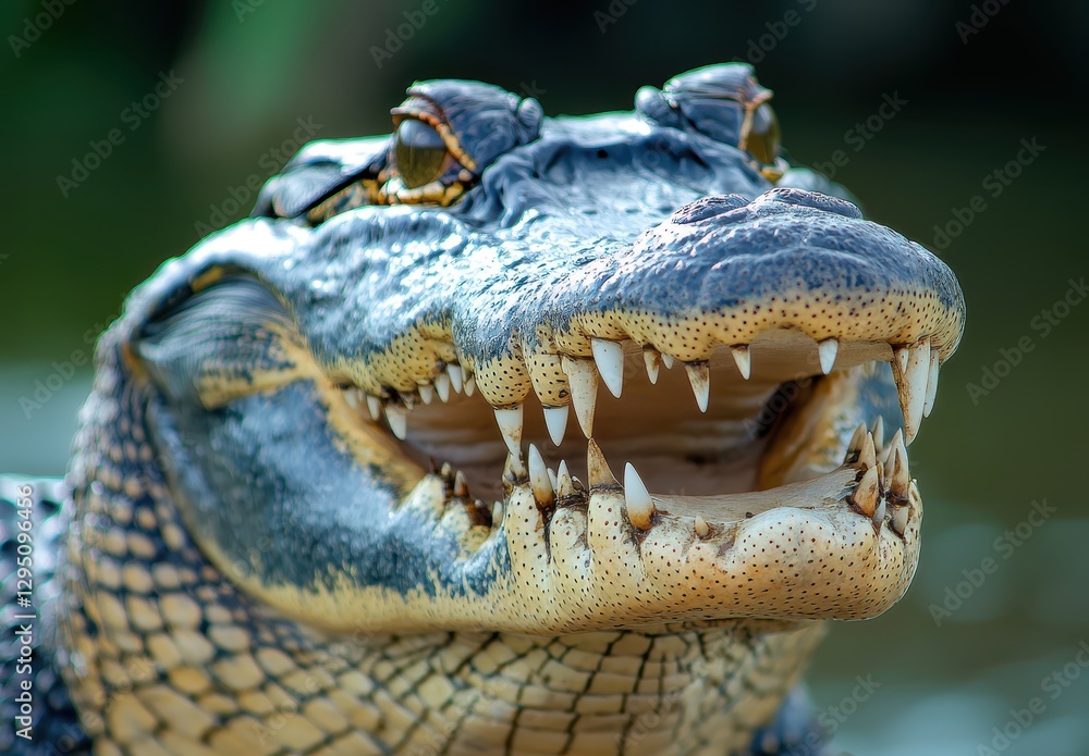 Obraz premium Close-up of a fierce crocodile showcasing sharp teeth and textured scales in vibrant natural habitat, emphasizing the beauty of wildlife and nature photography