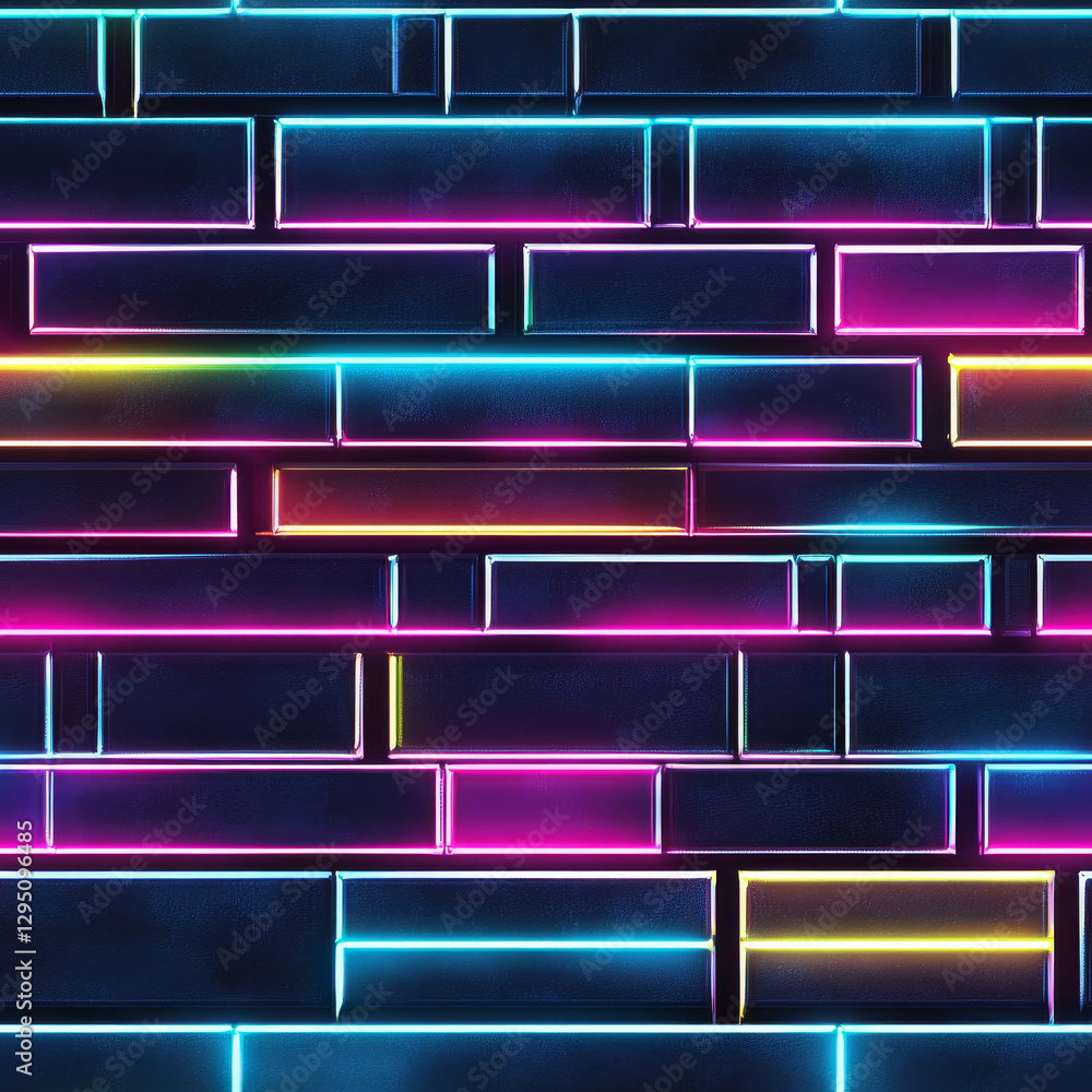 Obraz premium Neon glowing brick wall with vibrant colors and modern design, creating dynamic and energetic atmosphere. Perfect for backgrounds or creative projects