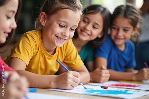Four Young Girls Engaged in Art Activity at a Bright Classroom, Each Showing Creativity and Joy While Painting Together