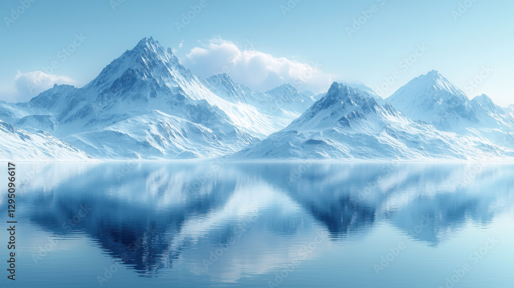 Fototapeta premium serene frozen lake reflects snow covered mountains under clear sky