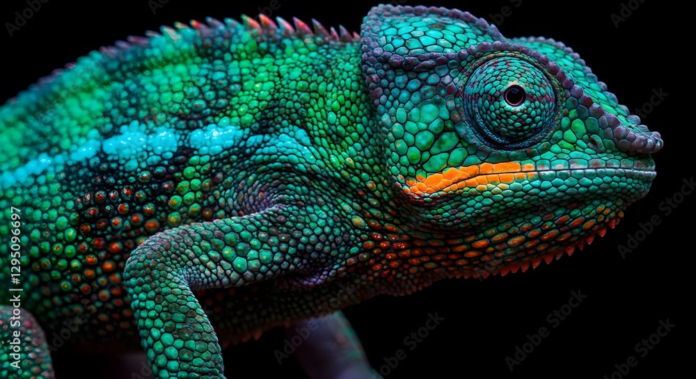 Fototapeta premium Vibrant Green Chameleon With Striking Orange Eyes On Black Background