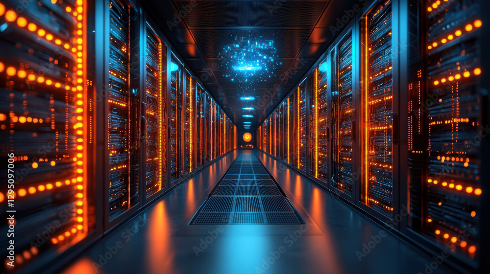 Fototapeta premium Futuristic data center with glowing servers and holographic visuals, showcasing advanced technology and innovation
