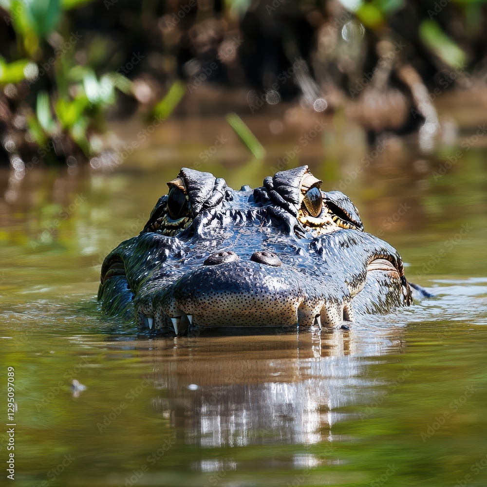 Close-Up of a Large Alligator Emerges from the Water Surrounded by Lush Greenery in a Wetland Habitat on a Bright Sunny Day Close-Up of a Large Alligator Emerges from the Water Surrounded by Lush Greenery in a Wetland Habitat on a Bright Sunny Day