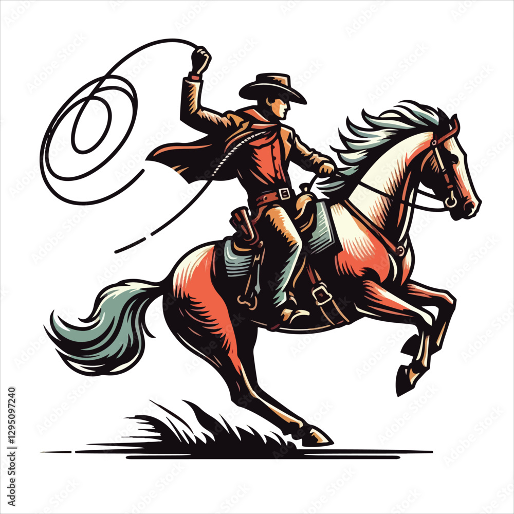 Fototapeta premium A cowboy on a rearing horse, swinging a lasso