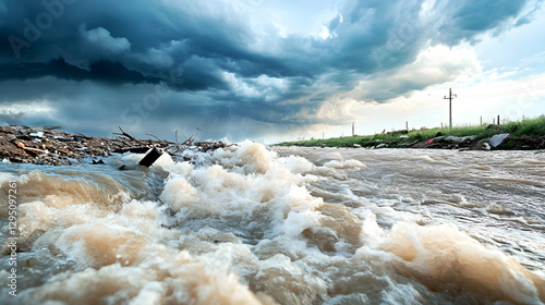 Raging floodwaters surge through rural landscape nature scene dramatic skies environmental impact captured from the ground
