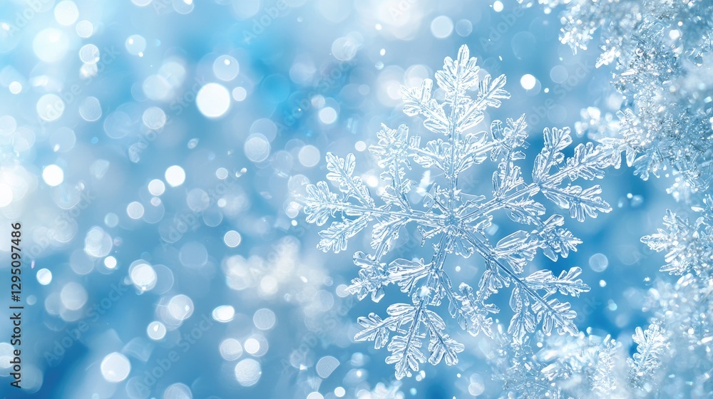 Close-up of a delicate snowflake on a shimmering blue background with soft bokeh effects Close-up of a delicate snowflake on a shimmering blue background with soft bokeh effects